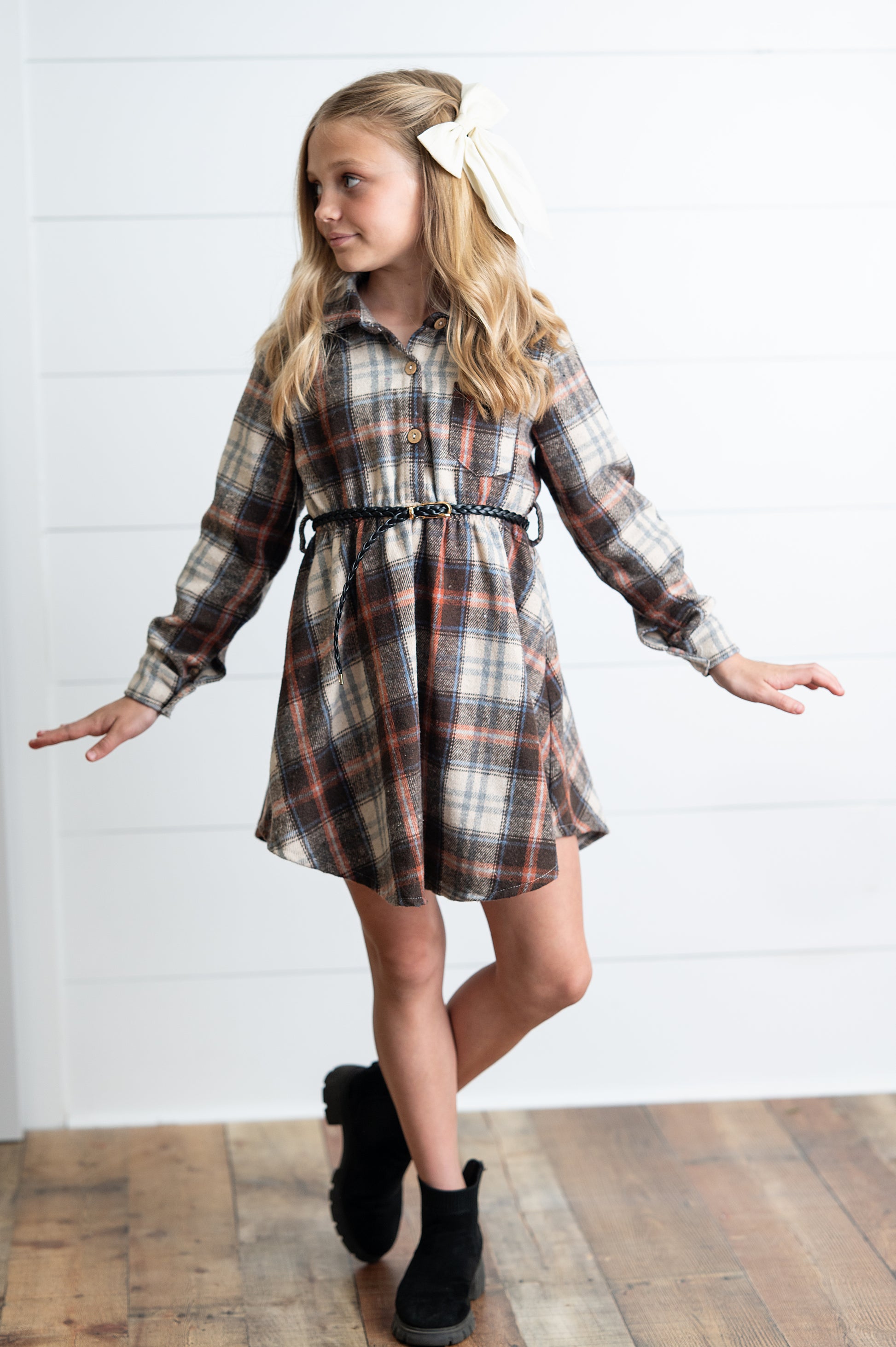 plaid shirt dress and boots Archie Ruched Plaid Shirt Dress small
